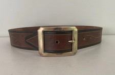 Vintage Tooled Flowers Embossed Hippie Brown Leather Belt Brass Buckle Sz 31