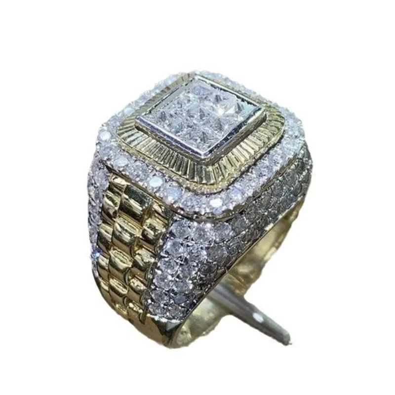 Anillo Tono Dorado Circón Incrustaciones Banda Hiphop Duradero Talla 6-13 Clásico Hombres Joyería Foto 2 de 4