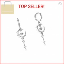 Star and Moon Earrings Dangle Hoop Earrings for Women Huggie with Cubic Zirconia