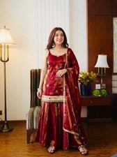 Silk Embroidered Sharara Plazzo Suit Set with Mirror Work wedding pakistani suit