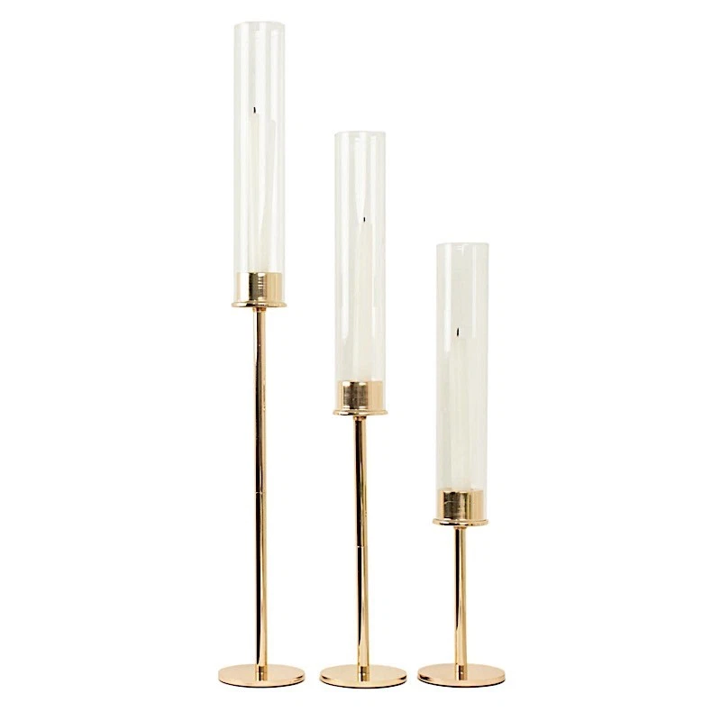 SOPORTES VELAS ORO 3 Metal 16" 20" 24" Hurricane Cónico Vidrio Cilindro Transparente Foto 2 de 4