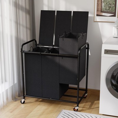 3Compartment Laundry Cart Lockable Wheels Lid 180L HeavyDuty Basket Black