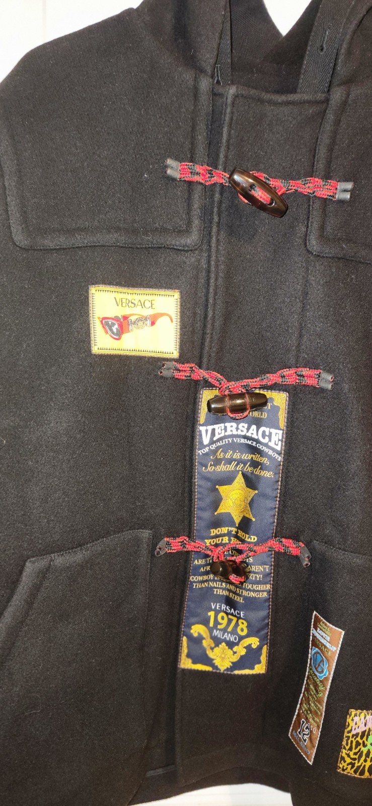 Versace Black Patchwork Jacket Toggle Hooded Butt… - image 3