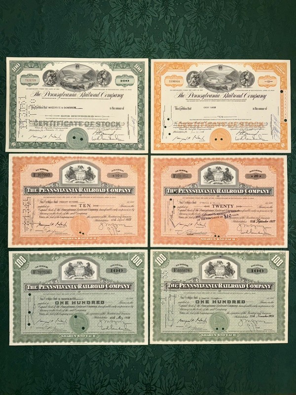 Pennsylvania Railroad Company Stock Certificates 1950s-60s - Lot of 6