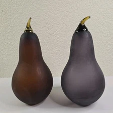 2 Blenko Art Glass Frosted Satin Purple & Amber Pear Fruit Sculptures - 9"