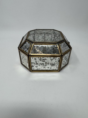 Anthropologie Glass Brass Trinket Box Divided Jewelry Mirrored - Picture 3 of 11