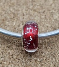 Authentic 925 Sterling Silver Red With Silver Foil Murano European Charm
