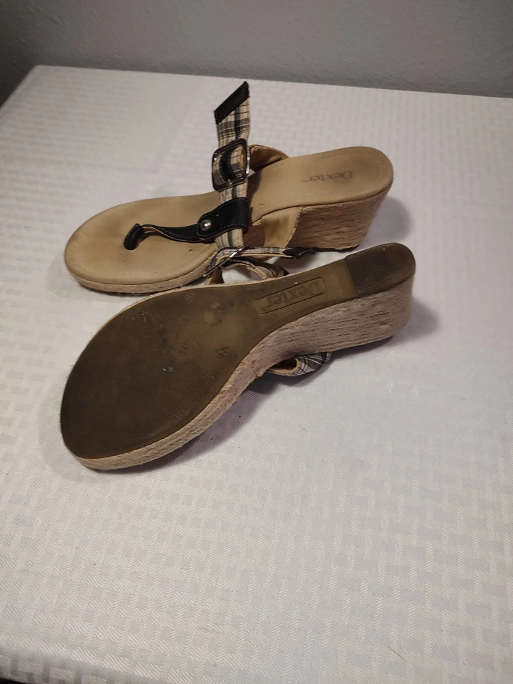 DEXTER Black White Plaid Jute Platform Wedge Thong Shoe Sandals 8.5 M Womens - Image 4 of 4