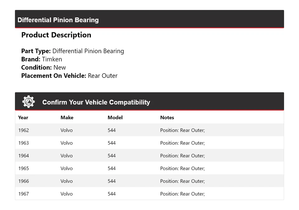 Cojinete de piñón diferencial trasero exterior Timken 1963 1964 para Volvo 544 1962-1967 Foto 2 de 4