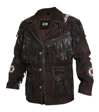 Mens Western Wear Suede Leather Cowboy Fringe Shirt Style  American Brown Jacket