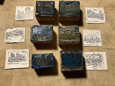 6x VINTAGE METALL auf HOLZ HISTORISCH YORKSHIRE BUCHDRUCK DRUCKBLÖCKE BRIEFMARKEN