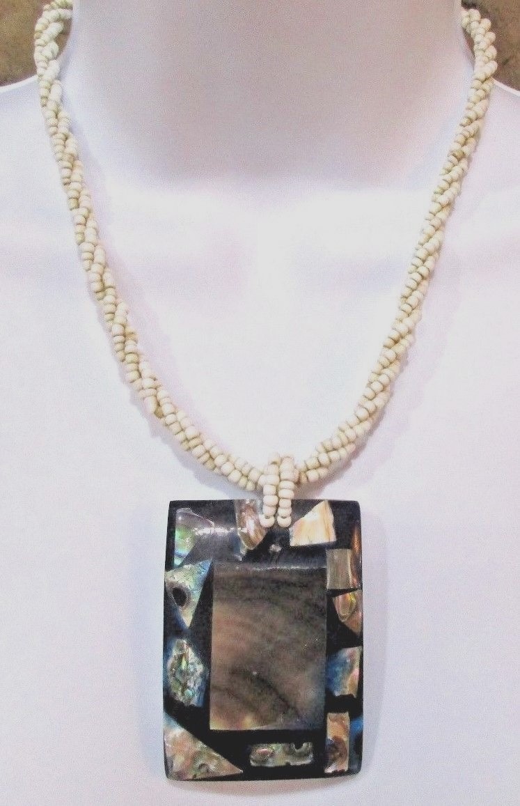 Beaded 18" Necklace Rectangular Pendant Metallic … - image 1