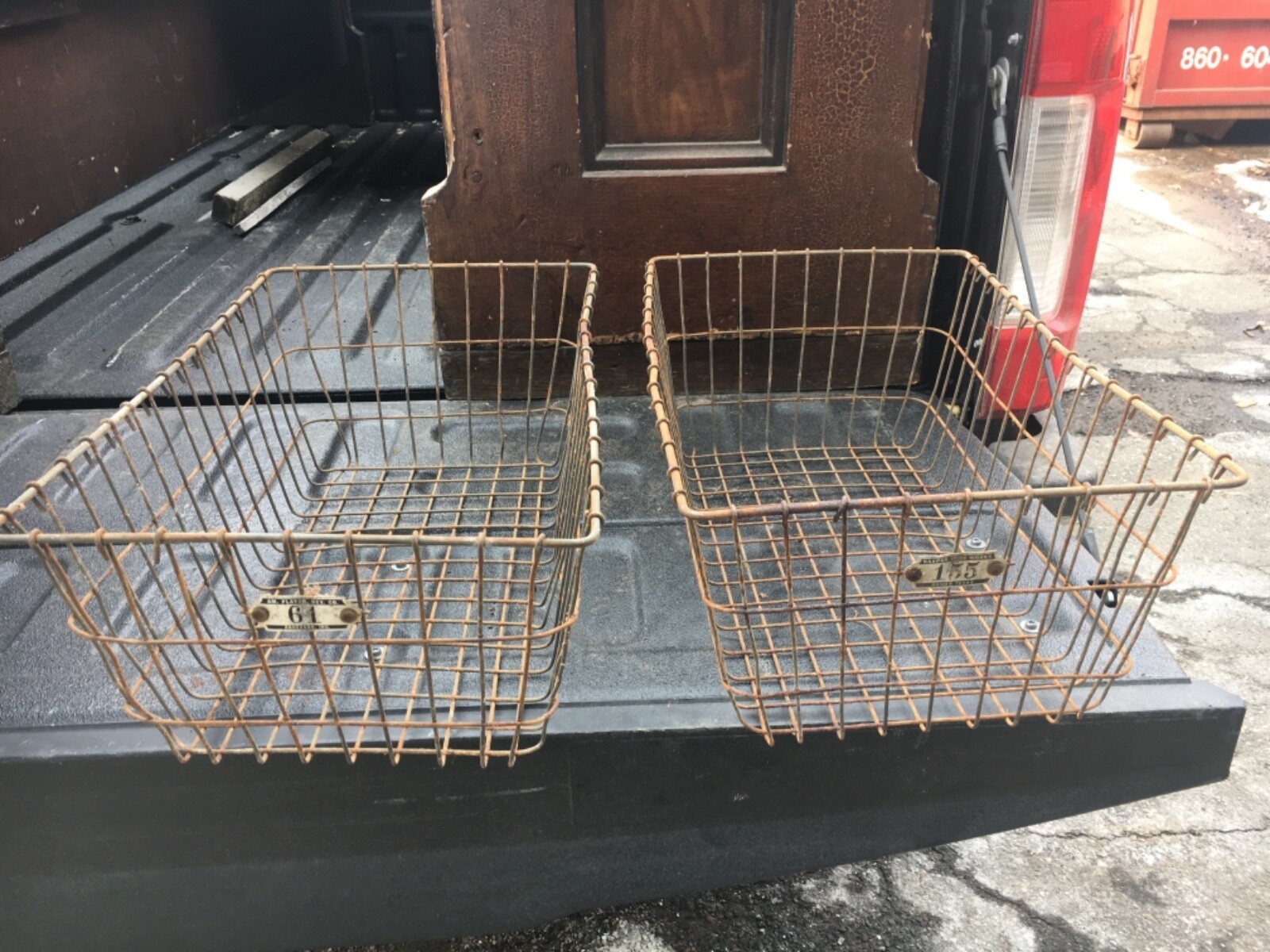 2 LARGE salvaged vintage wire gym baskets PA origin 20” x 12” x 8