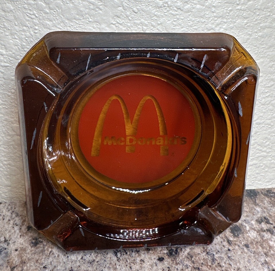 Vintage McDonald's Restaurant Dark Amber Glass Small Ashtray Red Logo