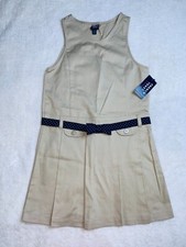 French Toast Girls Khaki School Uniform Belted Jumper Dress Bow Pleated Size 12
