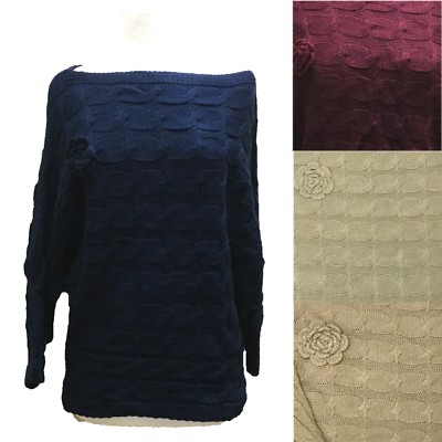 Yoins Womens Pullover Off The Shoulder Bat Wing Sleeve Cable Knit Floral Sweater