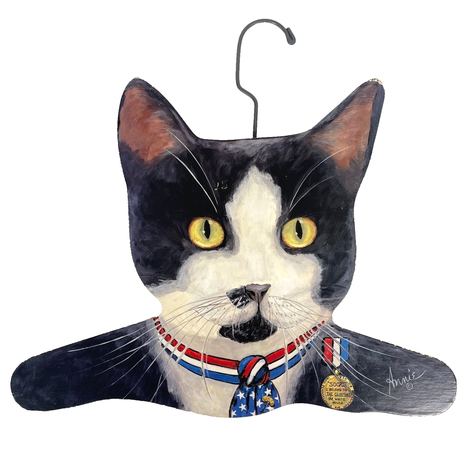 Vintage Wooden Clothes Hanger Featuring President Clinton Cat Socks Annie Rhinehart Stupell RI