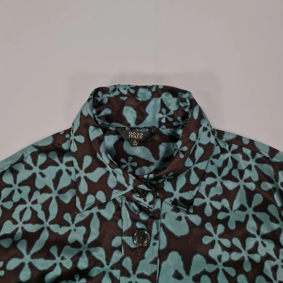 0039 Italia Mujer Camisa de Vestido Azul Grande Floral Satén Seda Hasta la Rodilla Foto 2 de 4