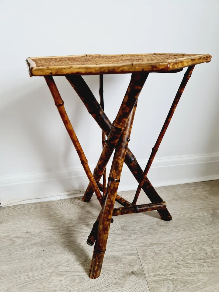 Antigua mesa de bambú victoriana piel de leopardo caine octogonal mimbre trípode soporte Foto 4 de 4