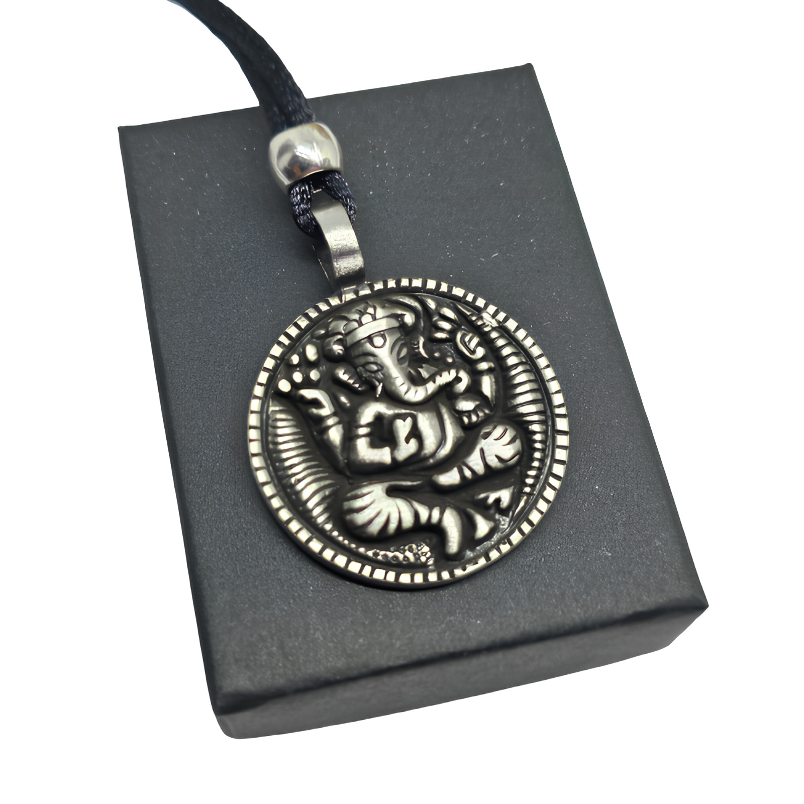 Ganesh Pewter Pendant Necklace Ganesha Hindu Elephant God Tie Bead Cord & Boxed