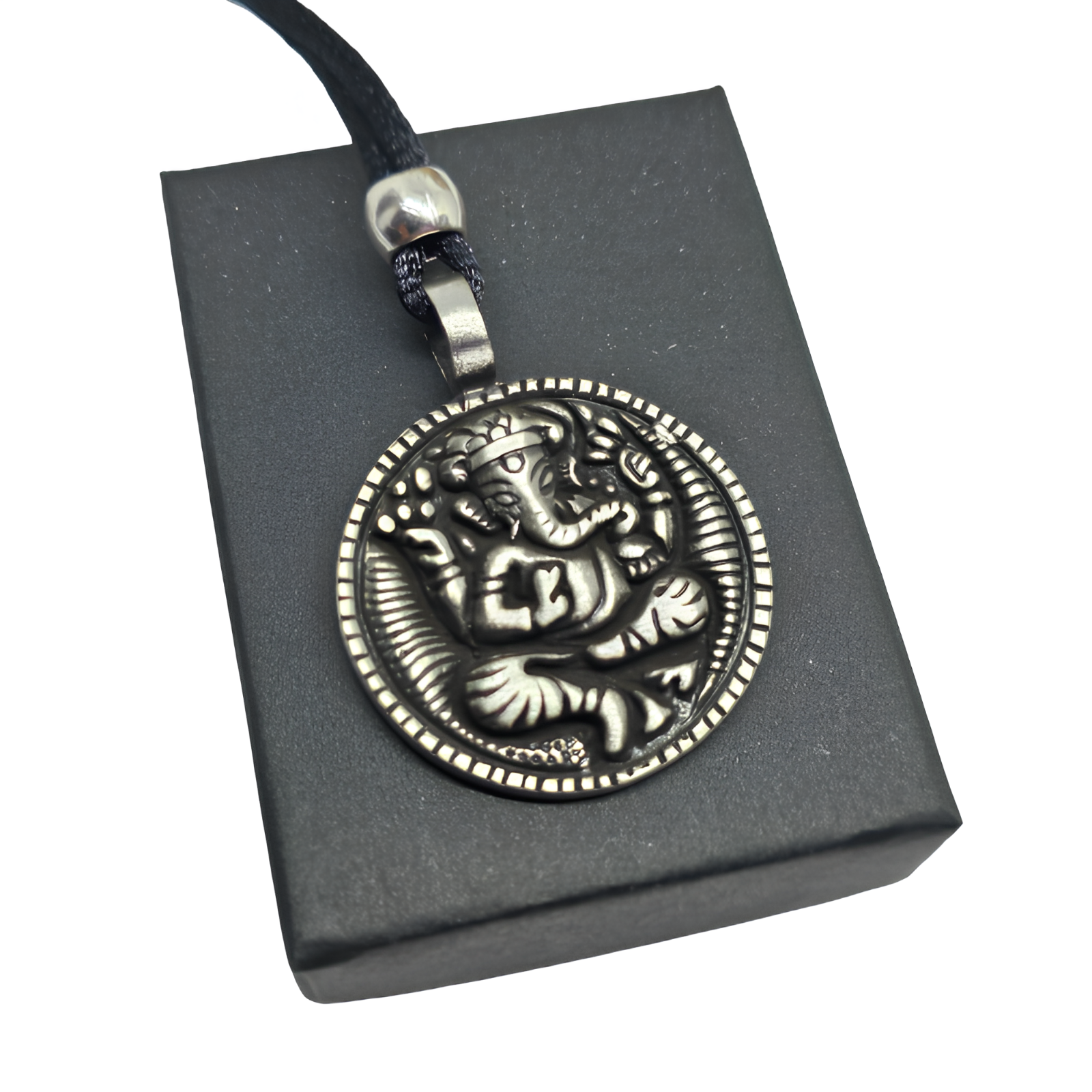 Ganesh Pewter Pendant Necklace Ganesha Hindu Elephant God Tie Bead Cord & Boxed