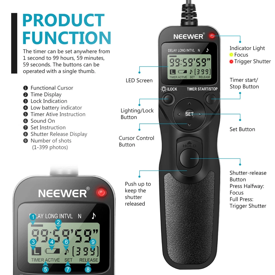 Neewer LCD Timer Shutter Release Remote Control for Canon EOS Digital Rebel - Image 2 of 4