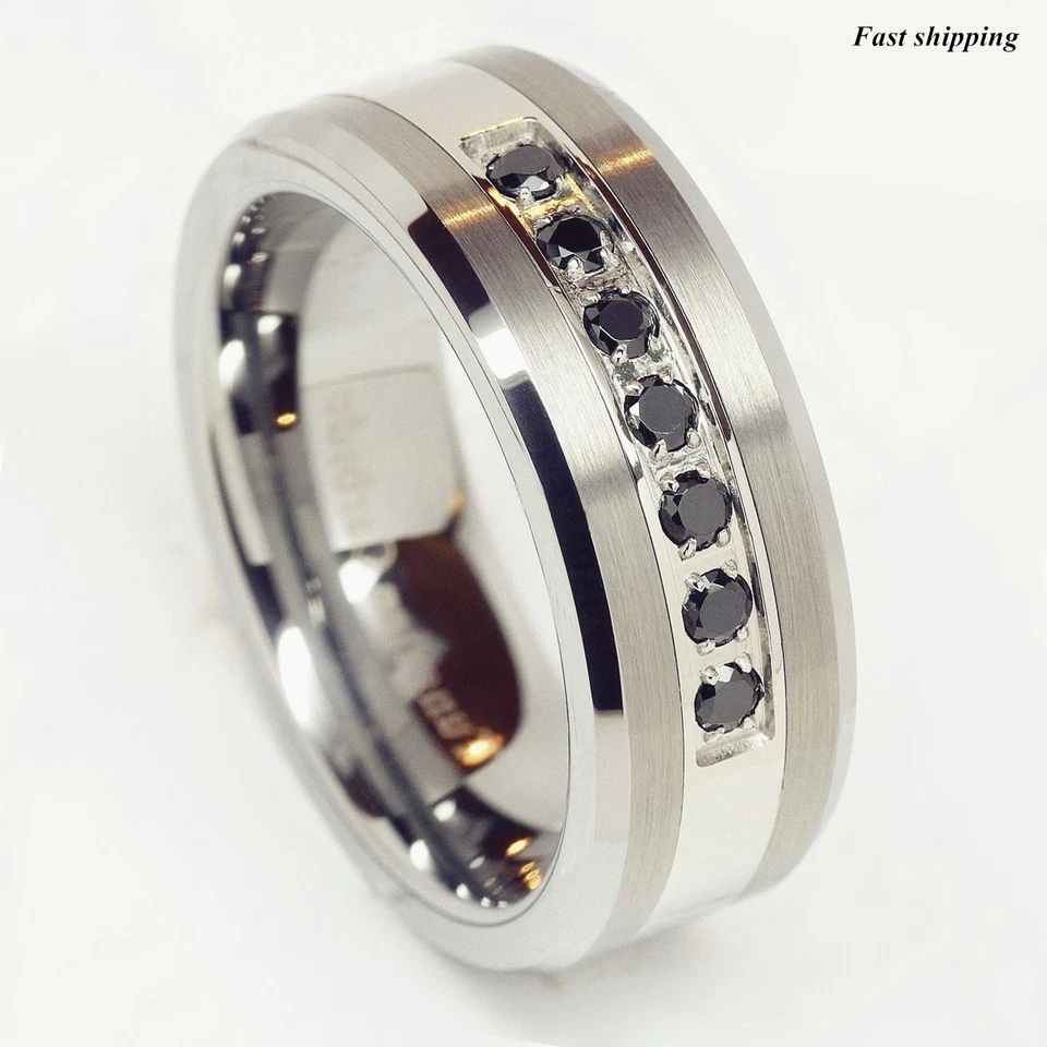 Luxury Best Tungsten Ring Black CZ Inlay Mens Wedding Band Brushed Size 6-13 - Image 4 of 4