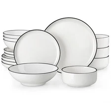 MALACASA 16-Piece Porcelain Dinnerware Set Black Rim Bowls and Plates Set for 4