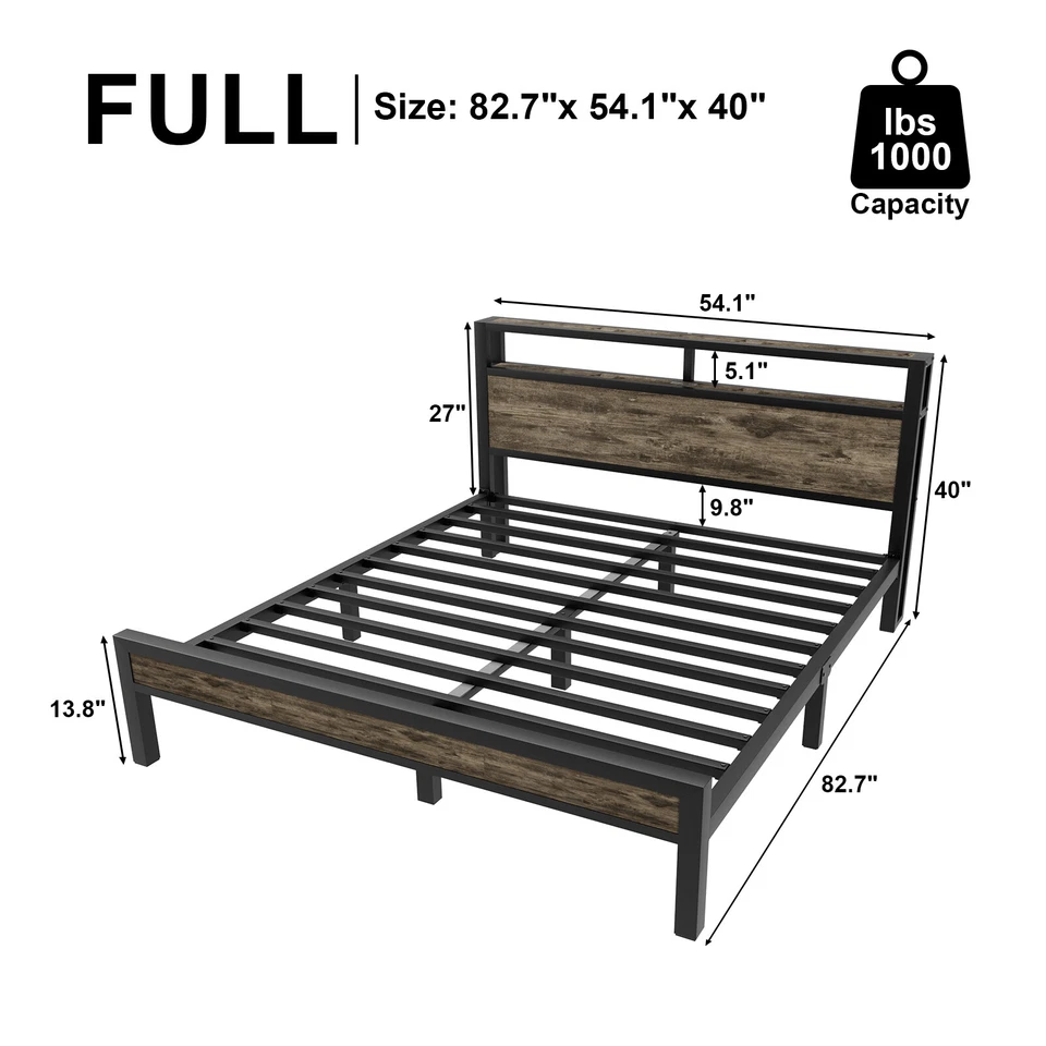 Metal Bed Frame Full/Queen/King with Storage Headboard and Charging Station/Grey - Image 2 of 4