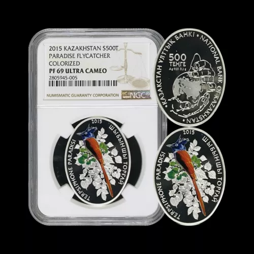 KAZAKHSTAN. 2015, 500 Tenge, Silver - NGC PF69 - Top Pop 🥇 Paradise Flycatcher