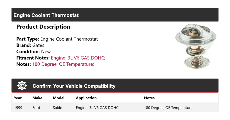 Para Ford Sable 1999 3L V6 Gas DOHC Motor Refrigerante Termostato Puertas Foto 2 de 4