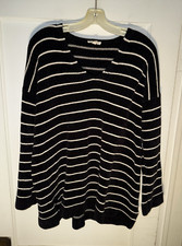 EILEEN FISHER Black White Striped V-neck Chenille Sweater Size M. d927