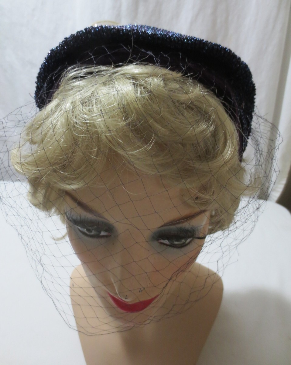 Vtg Blum's North  Chicago Black Velvet Net Birdcage Veil Cap Hat w/Blue beads