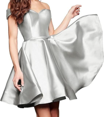 Short Silver Dress with Pockets Off Shoulder Satin Cocktail Party