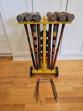 Vintage Croquet Set w/ Stand 6 Players Great Solid Mallets Unmarked Mfg.