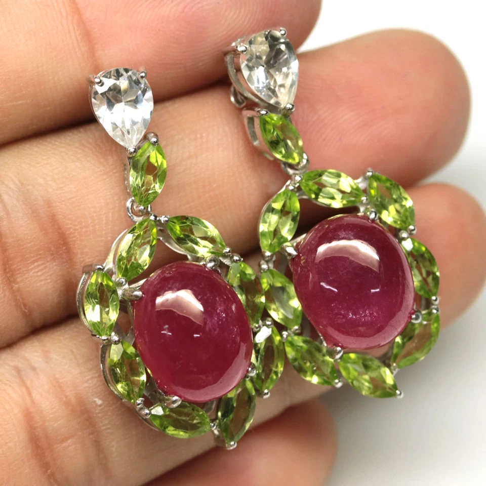 Black Friday 925 Sterling Silver 11 x 14 mm. Red Ruby, Peridot & Topaz Earrings - Image 2 of 4