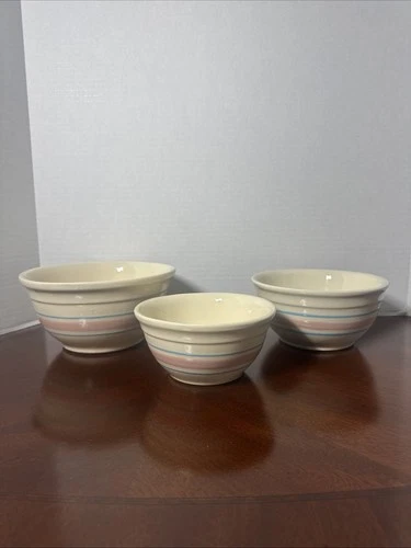 Vtg Set Of 3 McCoy Mixing Bowls Stone Craft Striped Pink Blue 1970’s