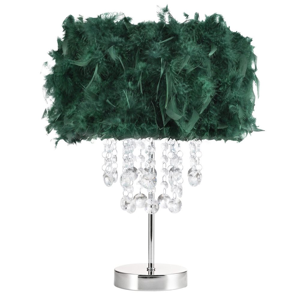 Chandelier Style Forest Green Feather Table Lamp with Waterfall Drops by Happ...
