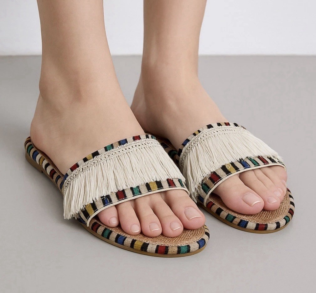 "Sandalias Fix Flex para mujer boho multicolor con flecos deslizables - hechas a mano en la India (B50)"""