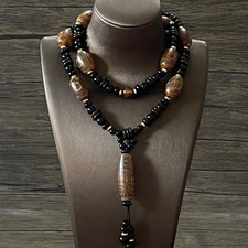 Tibetan Dzi Bead Necklace Three Nine Eye Agate Pendant Buddhist Jewelry