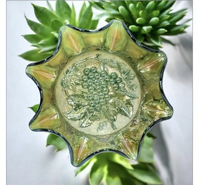 IMPERIAL TEAL GREEN HEAVY GRAPE CARNIVAL GLASS BOWL. star-shaped, ruffled rim.