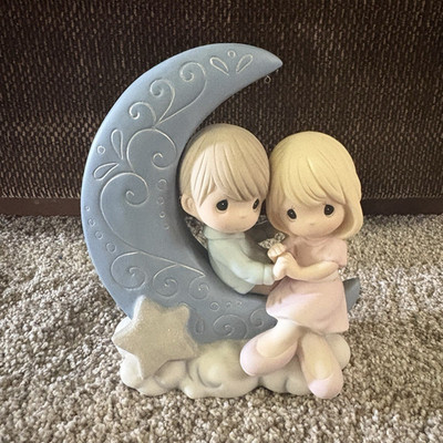 Precious Moments Children on Moon & Stars Resin Figurine Blue White Pink