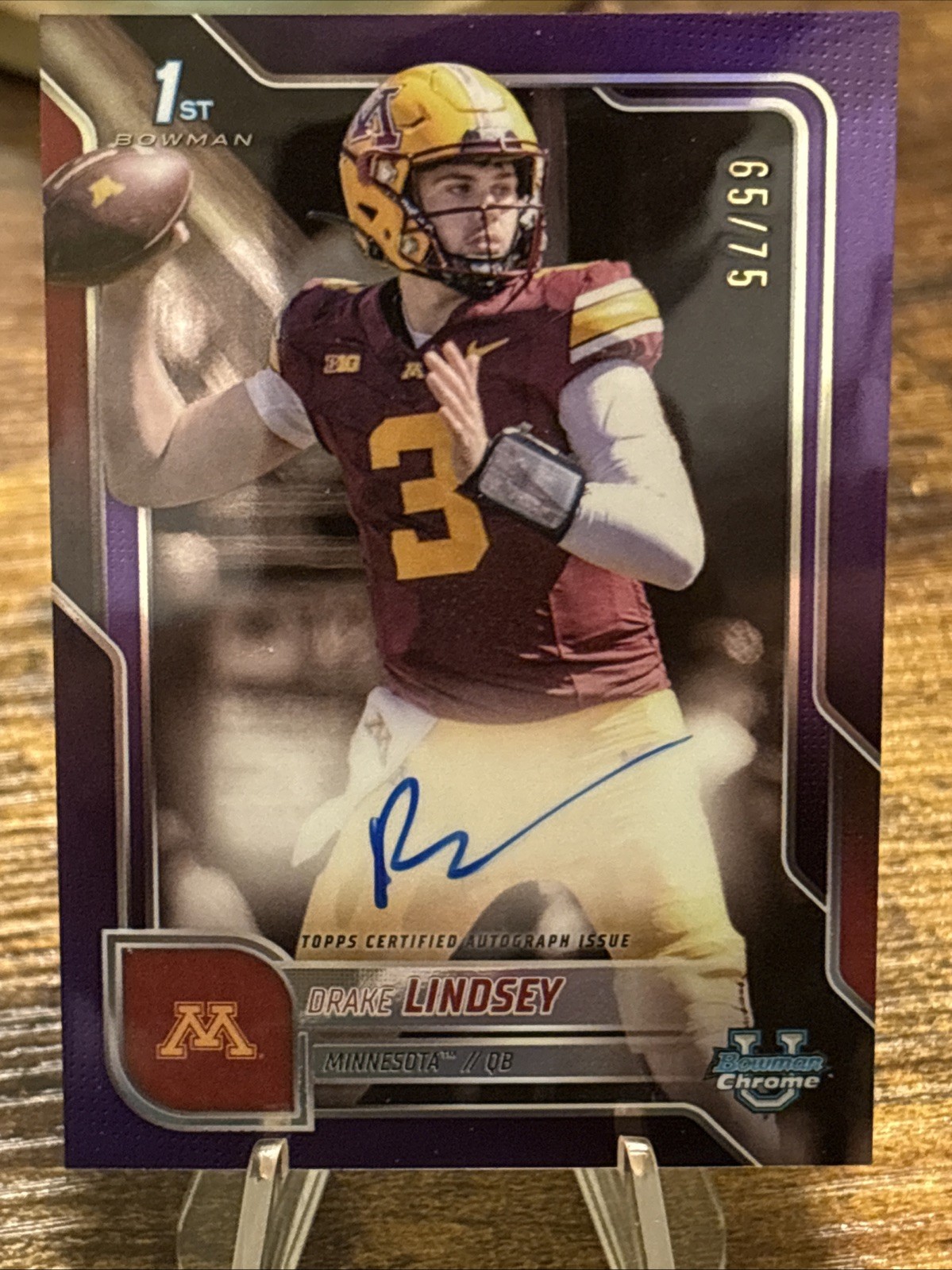 2025 Bowman Chrome U Drake Lindsey 1st Bowman Purple /75 Auto-Minnesota