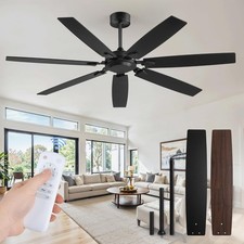 Black 62" Ceiling Fan No Light with Remote Control 6-Speed Reversible DC Motor