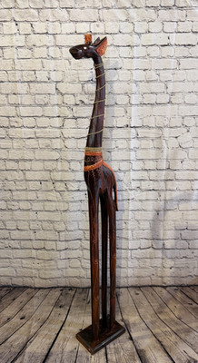 150 cm braune Holzgiraffe stehend einzeln geschnitzt Massivholz Giraffe Handarbeit