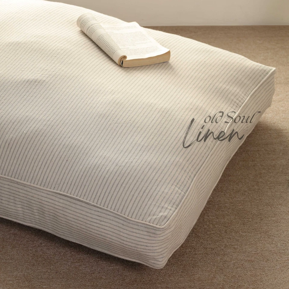 Funda de cojín de piso de lino de gasa boho hecha a mano a rayas para puf de granja Foto 4 de 4