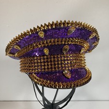 Purple  Gold Sequin Studded Spike Captain Hat   Festival Rave Costume Headpiece