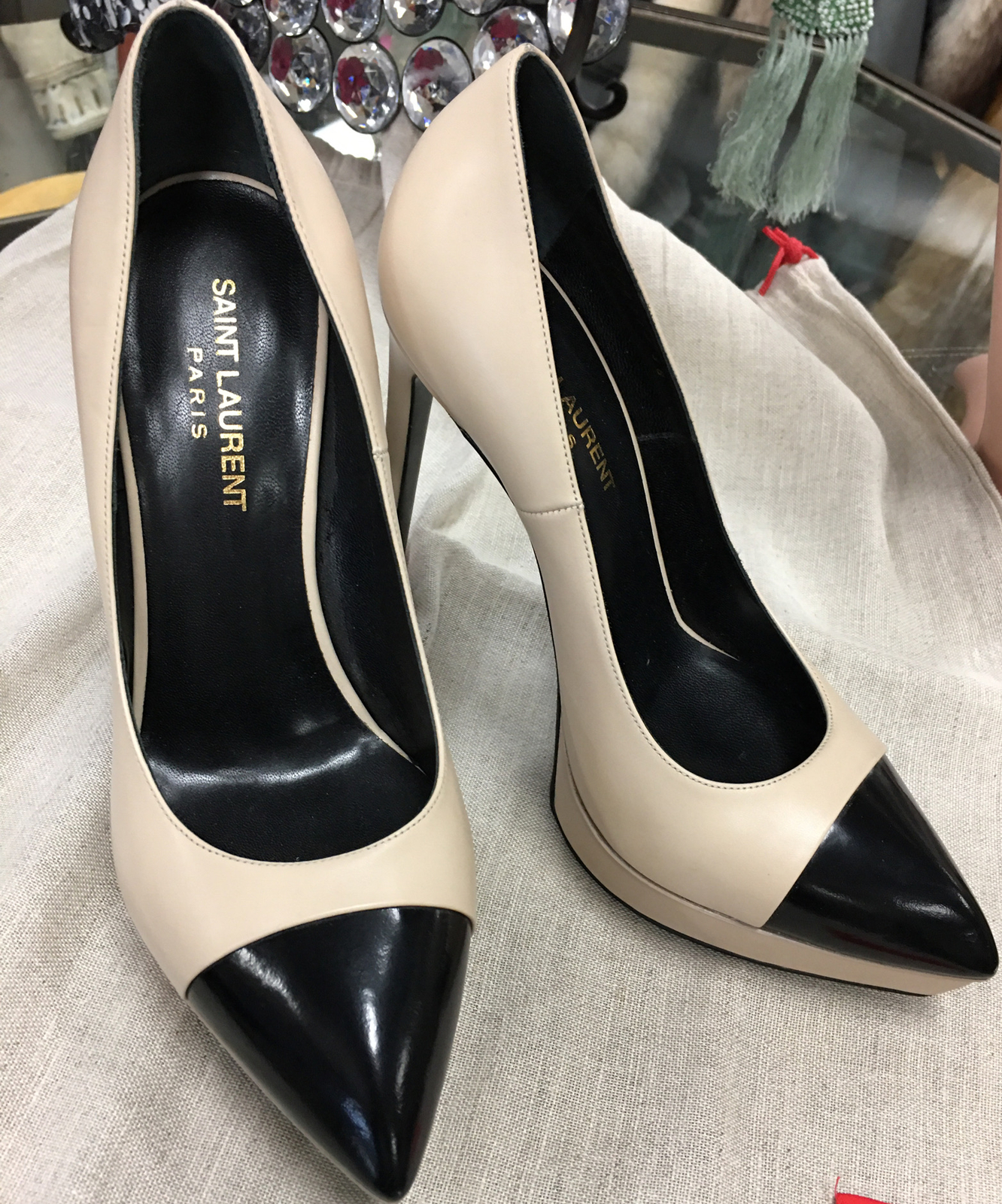 Saint Laurent Pump Nude Nero A Punta Platform Alto Taglia 38