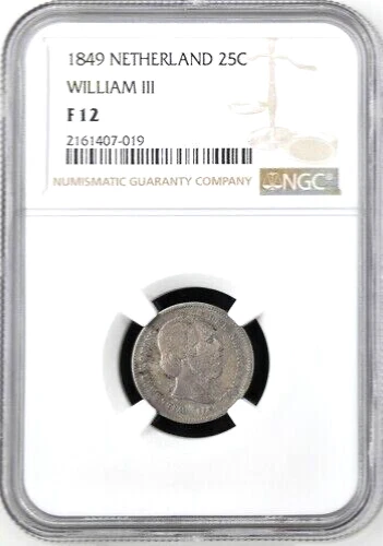 1849 Netherlands 25 Cents, NGC F 12, KM-81, Scarce William III Type