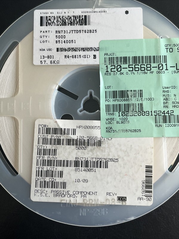 5000 PCS KOA RN731JTTD5762B25 RES 57.6 kOHM 0.1% 1/16W 0603